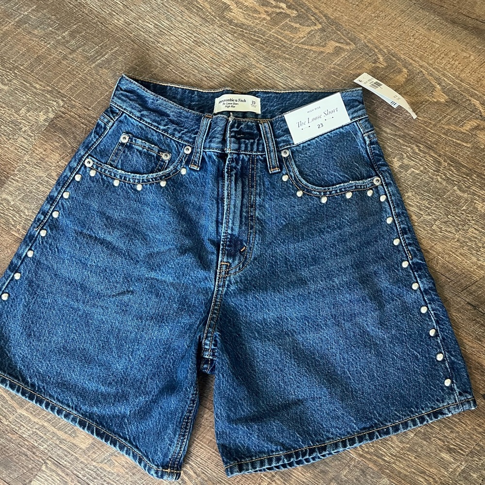 Abercrombie & Fitch High Rise Denim Shorts with Pearl Accents